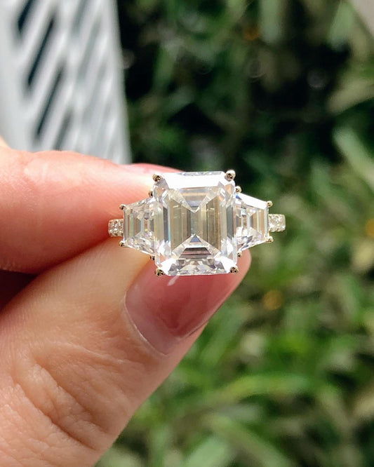 Three Stones & Pave Setting Ring with 3.24 CT Emerald Cut Moissanite