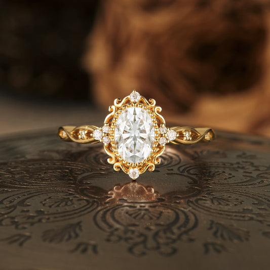Moissanite diamond oval shape vintage engagement ring