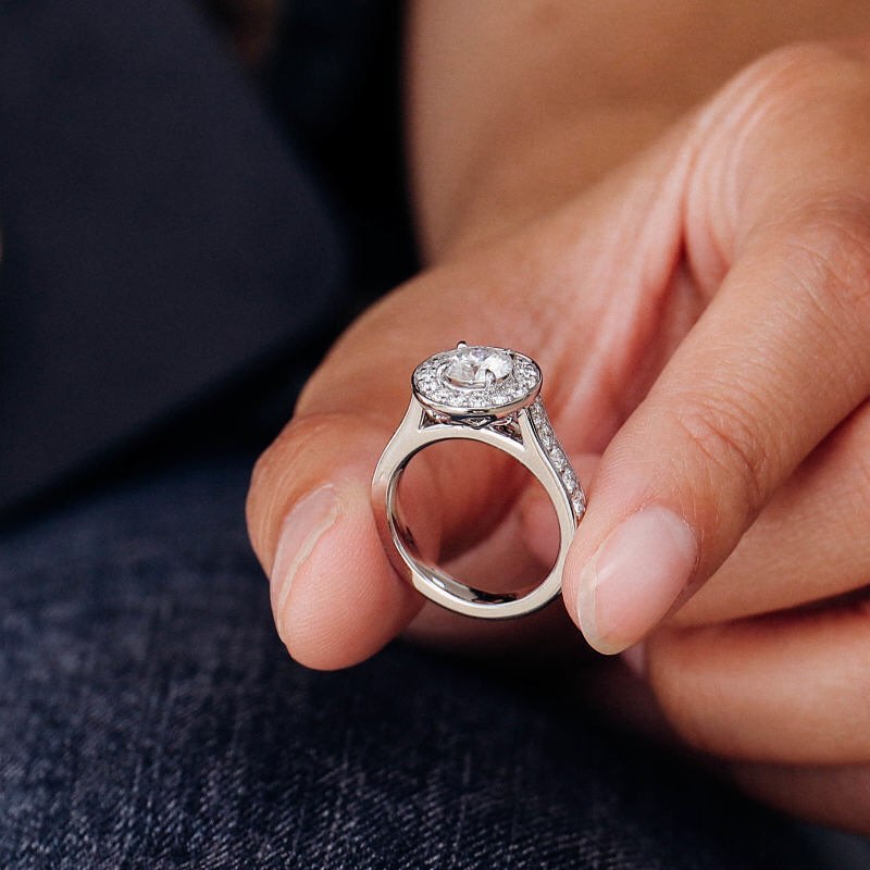 Halo & Pave Ring with 1.0 CT Round Cut Moissanite