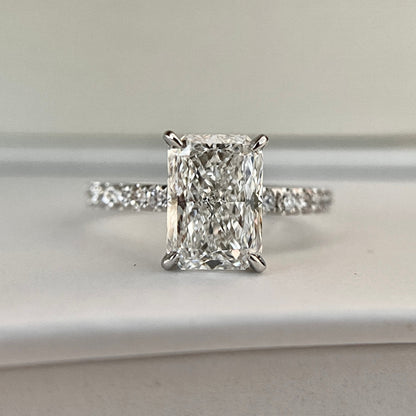 Radiant cut CVD lab grown diamond pave engagement ring with elegant sparkle