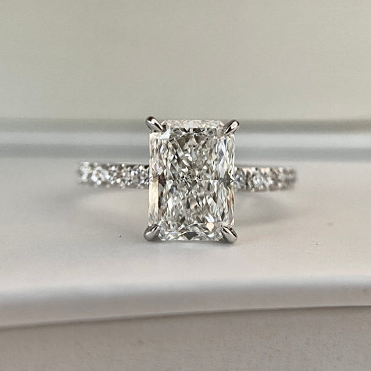 Radiant cut CVD lab grown diamond pave engagement ring with elegant sparkle
