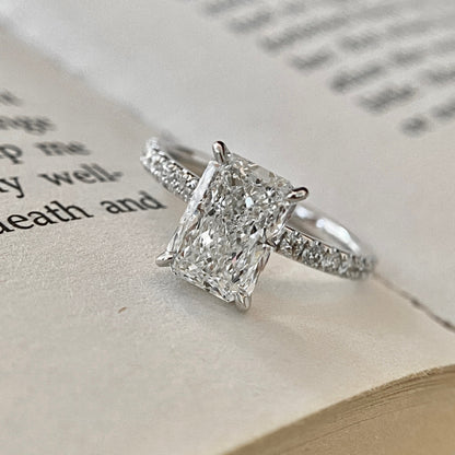 Radiant cut CVD lab grown diamond pave engagement ring with elegant sparkle