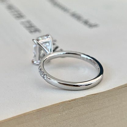 Radiant cut CVD lab grown diamond pave engagement ring with elegant sparkle