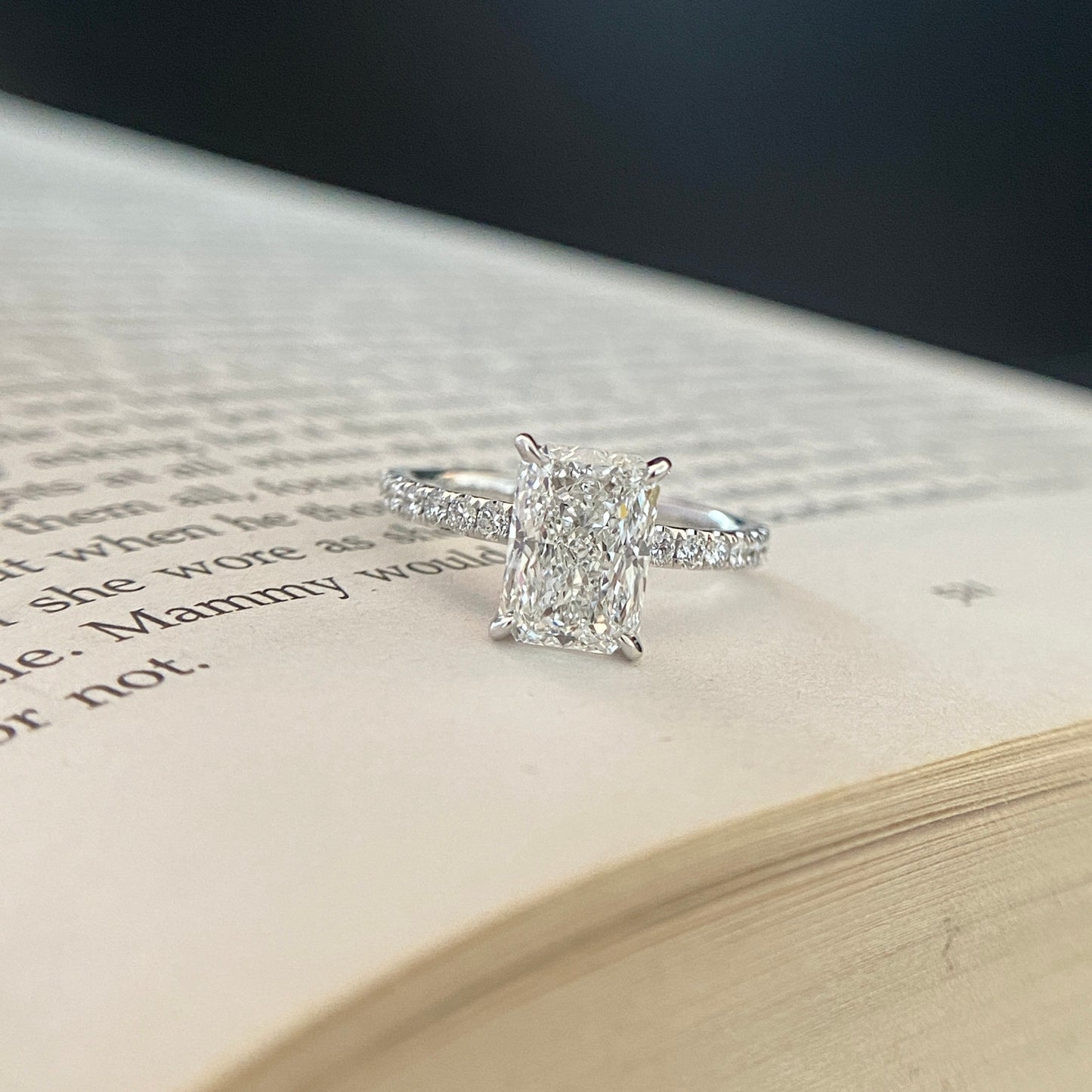 Radiant cut CVD lab grown diamond pave engagement ring with elegant sparkle