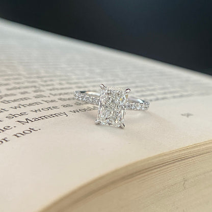 Radiant cut CVD lab grown diamond pave engagement ring with elegant sparkle