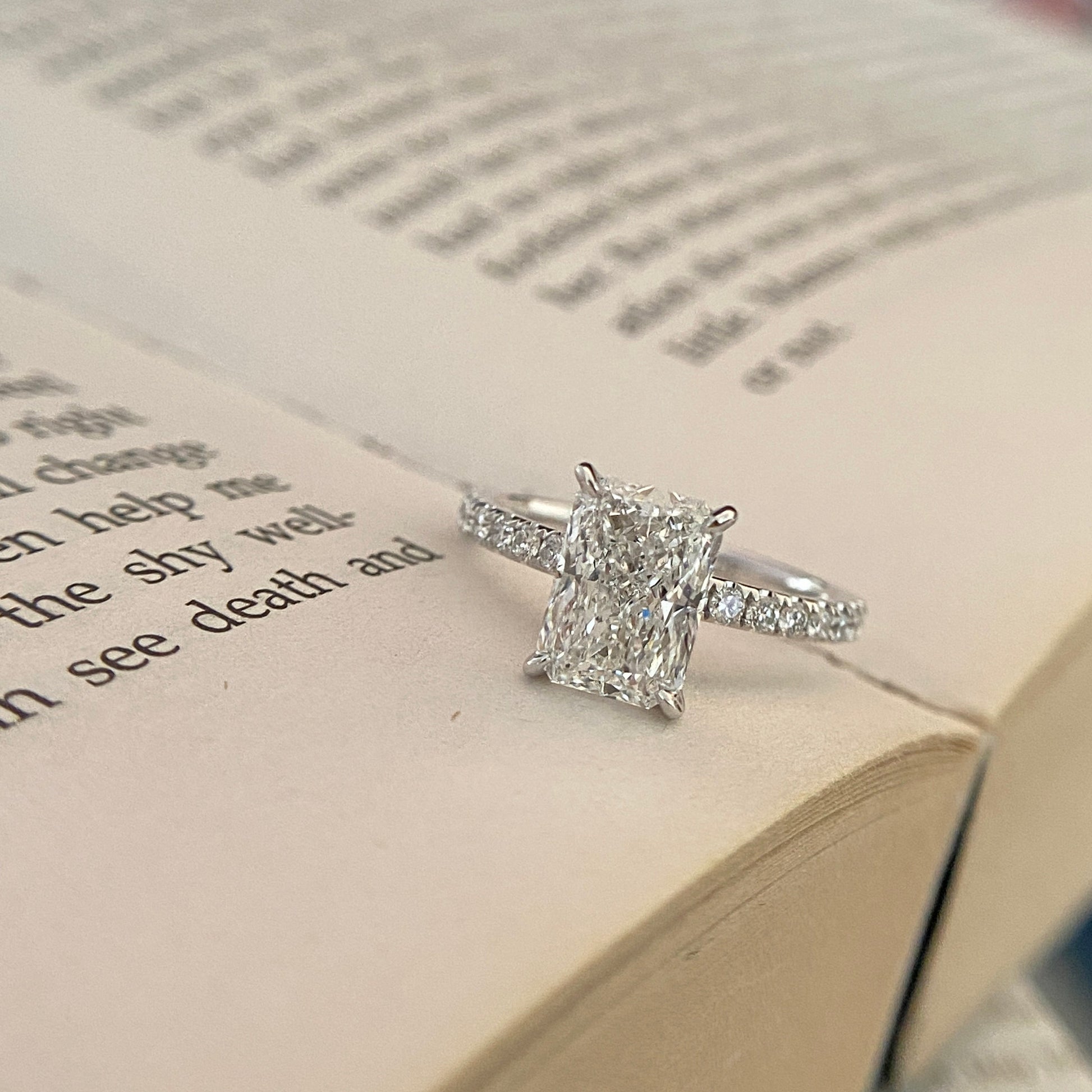Radiant cut CVD lab grown diamond pave engagement ring with elegant sparkle