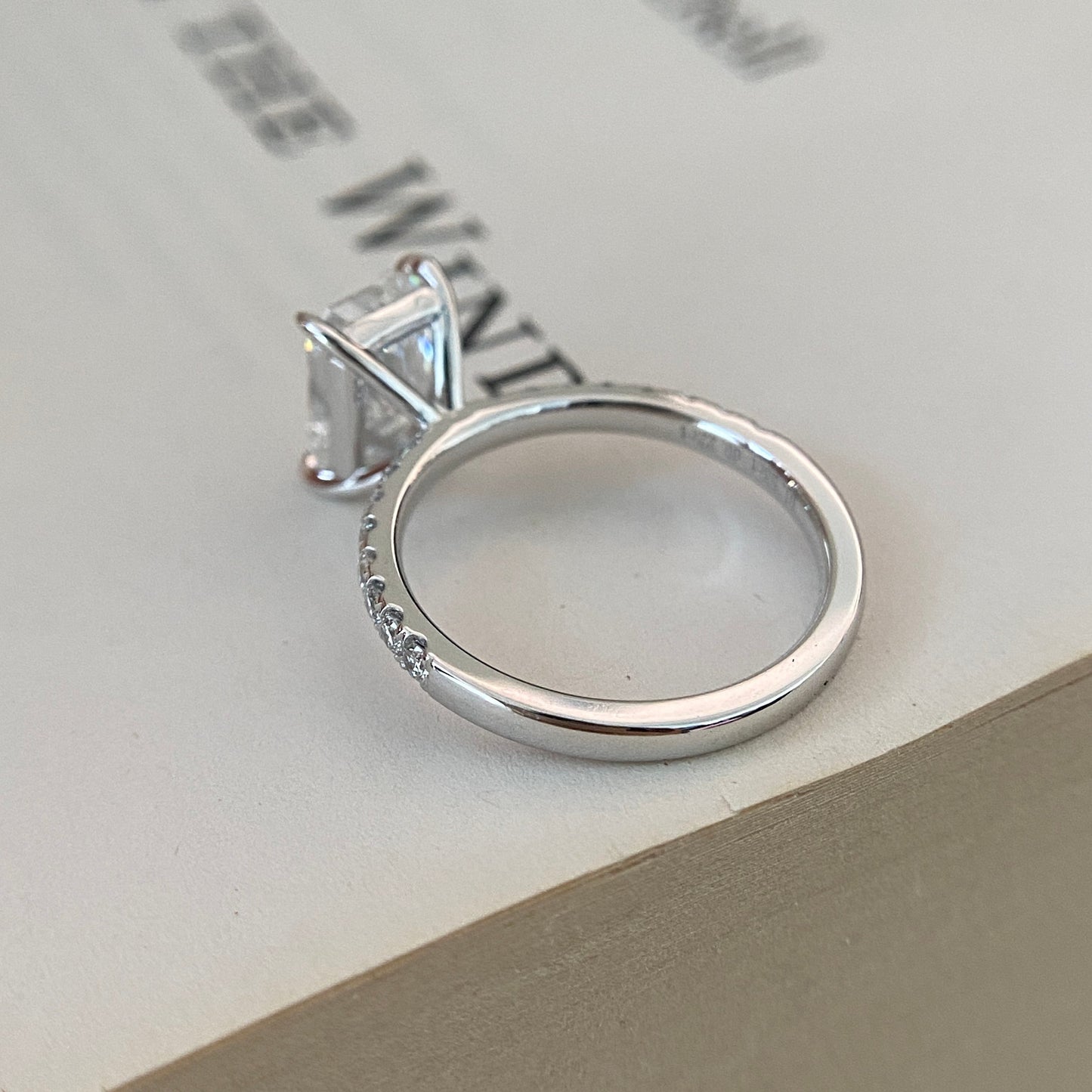 Radiant cut CVD lab grown diamond pave engagement ring with elegant sparkle