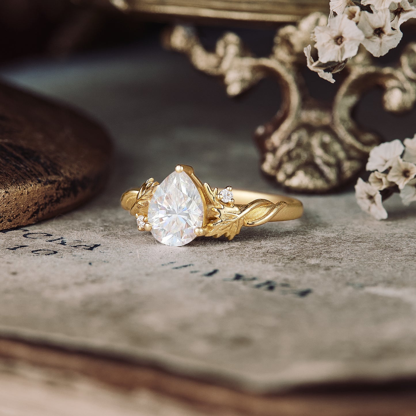 1.25 CT Carat Moissanite Diamond Pear Shape Vintage Engagement Ring
