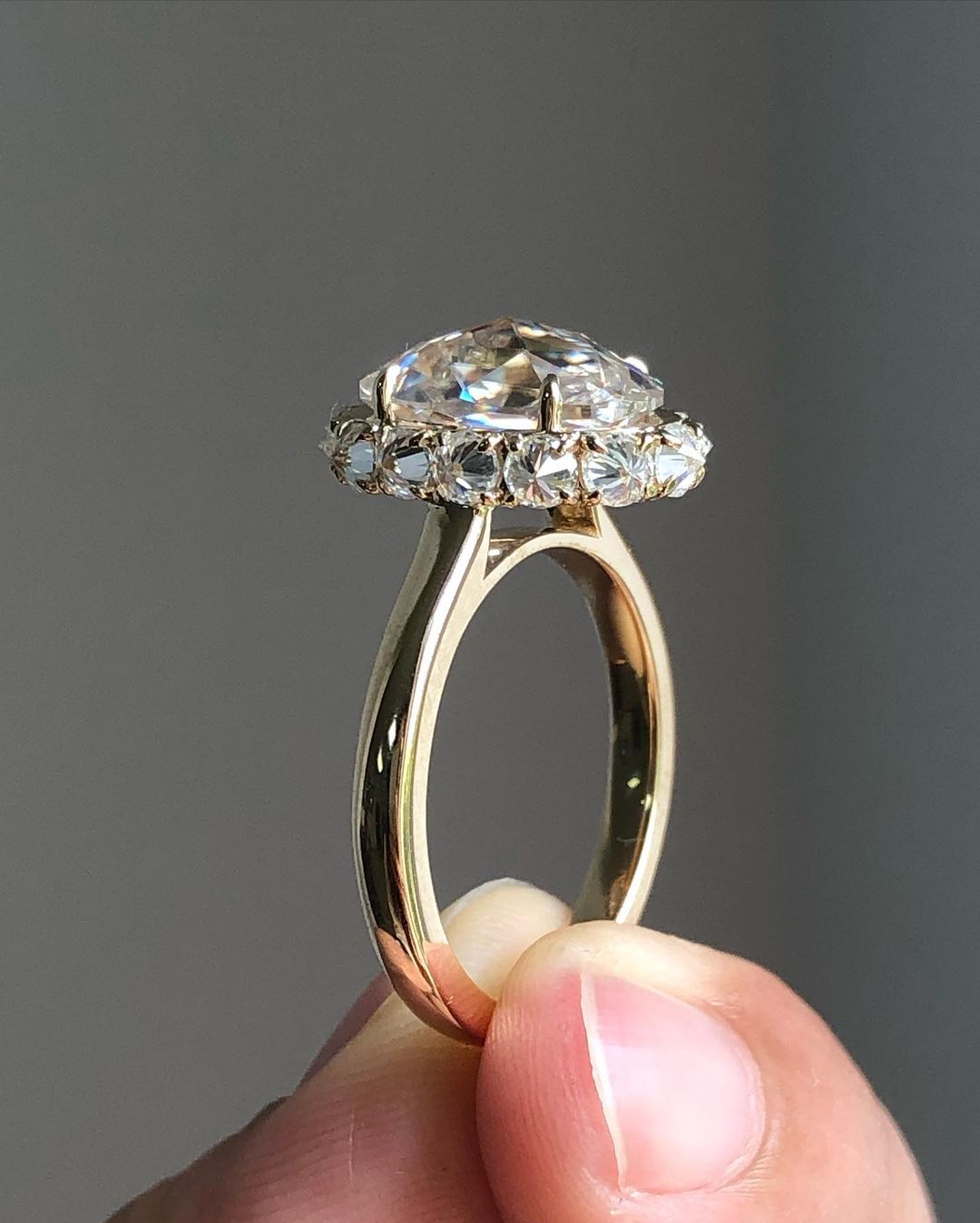 Bezel Unique Halo Ring with 3.50 CT Rose Cut Oval Moissanite