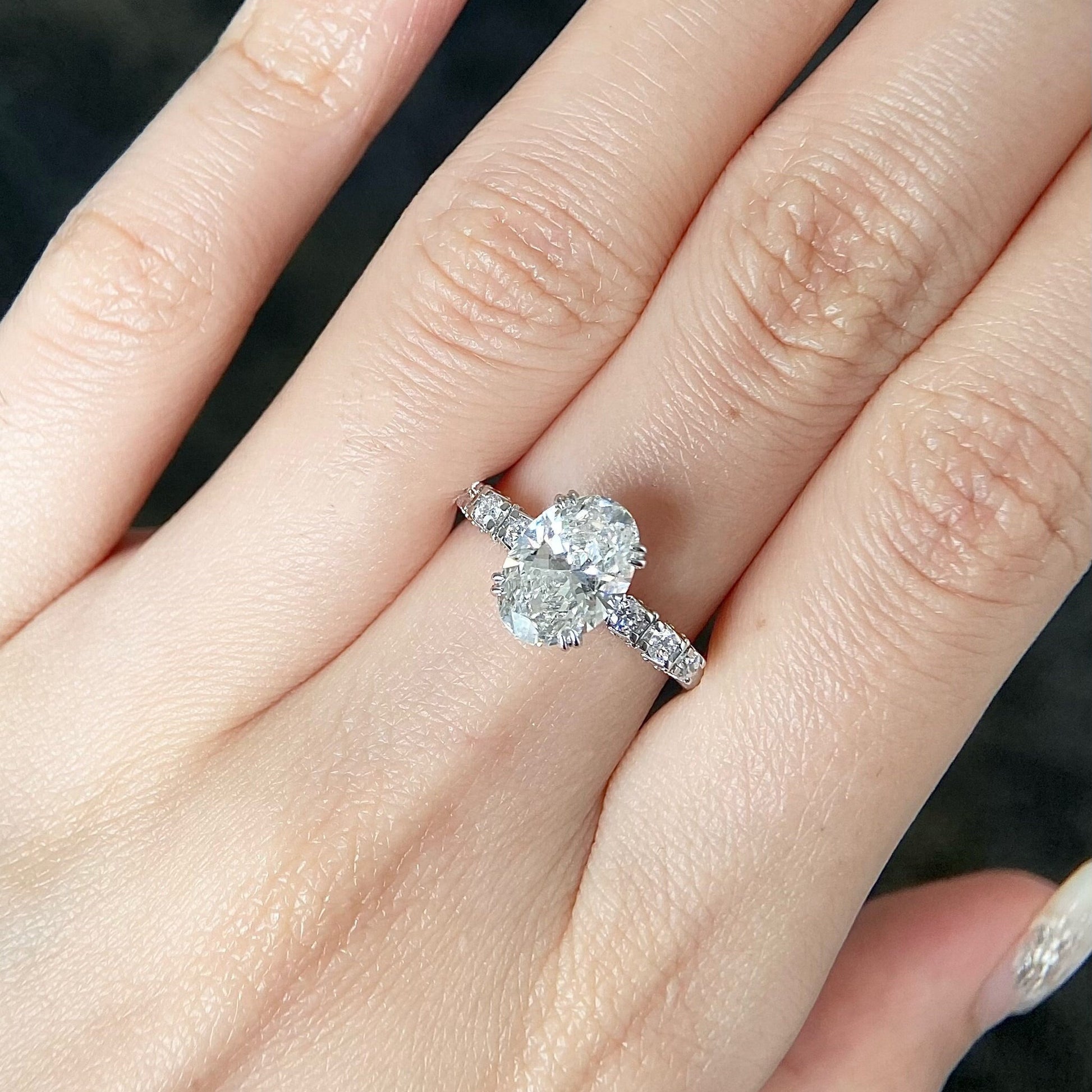Oval cut CVD diamond pave style engagement ring
