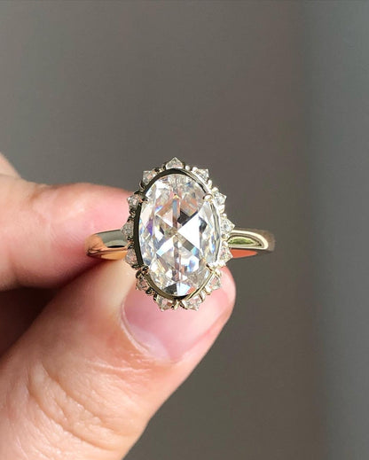 Bezel Unique Halo Ring with 3.50 CT Rose Cut Oval Moissanite