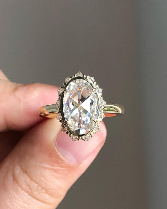 Bezel Unique Halo Ring with 3.50 CT Rose Cut Oval Moissanite