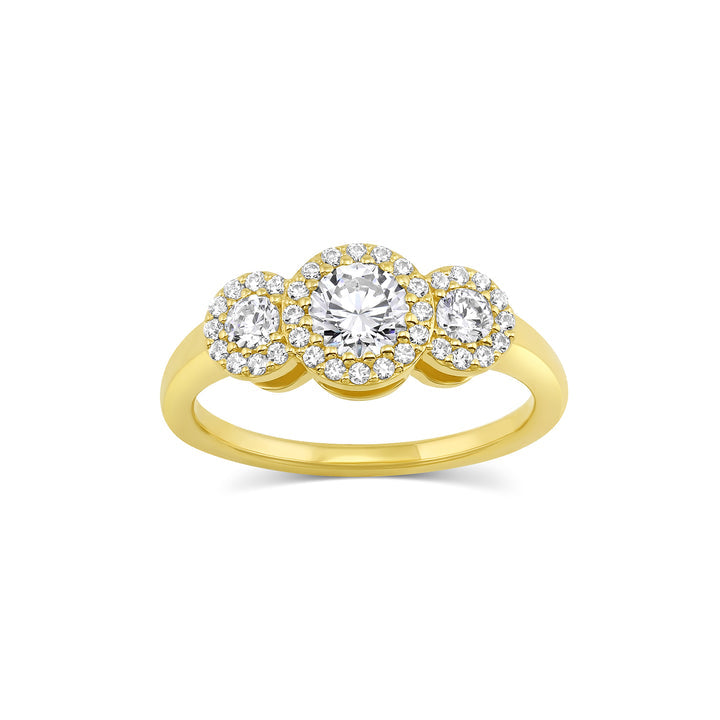 Three stone halo engagement ring with round cut moissanite
