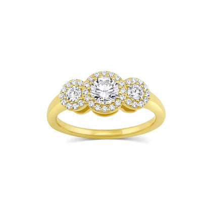Three stone halo engagement ring with round cut moissanite