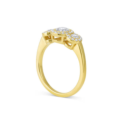 Three stone halo engagement ring with round cut moissanite
