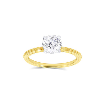 Round moissanite solitaire engagement ring with elegant band