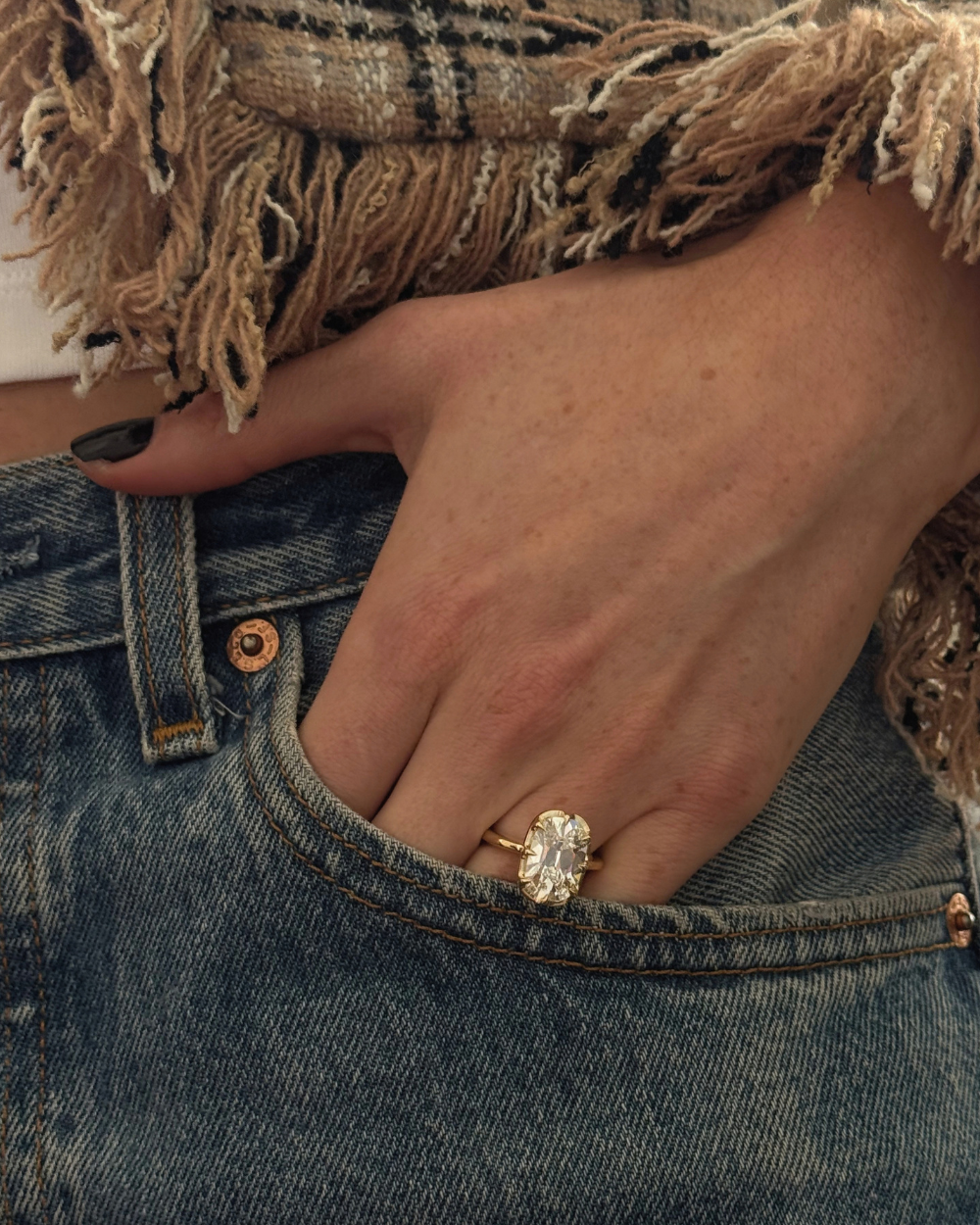Claudine- Old Mine Elongated Cushion Solitaire Style Lab Grown Diamond Engagement Ring