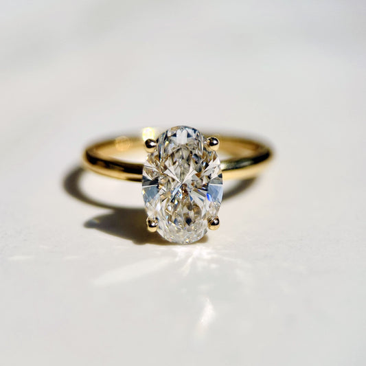 1.80 CT oval cut CVD lab grown diamond engagement ring with hidden halo, E color, VS1 clarity, set in classic white gold