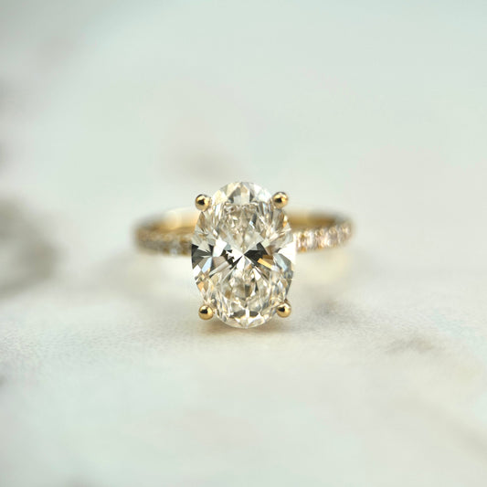 1.50–3.50 CT oval cut CVD lab grown diamond pave hidden halo engagement ring, E color, VS1 clarity, in polished white gold