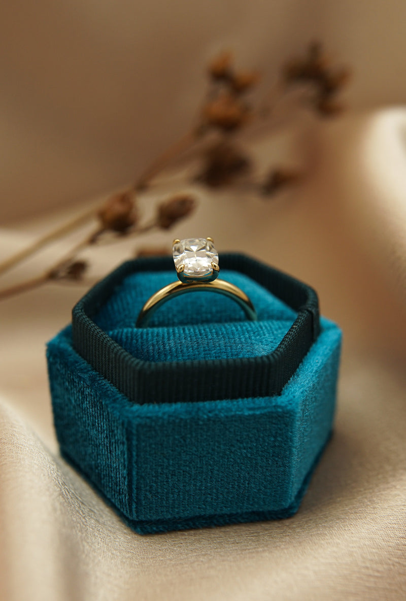 Elongated cushion cut moissanite solitaire engagement ring