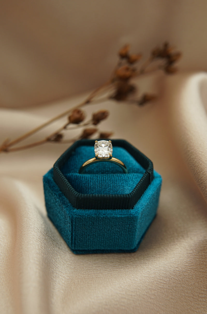 Elongated cushion cut moissanite solitaire engagement ring