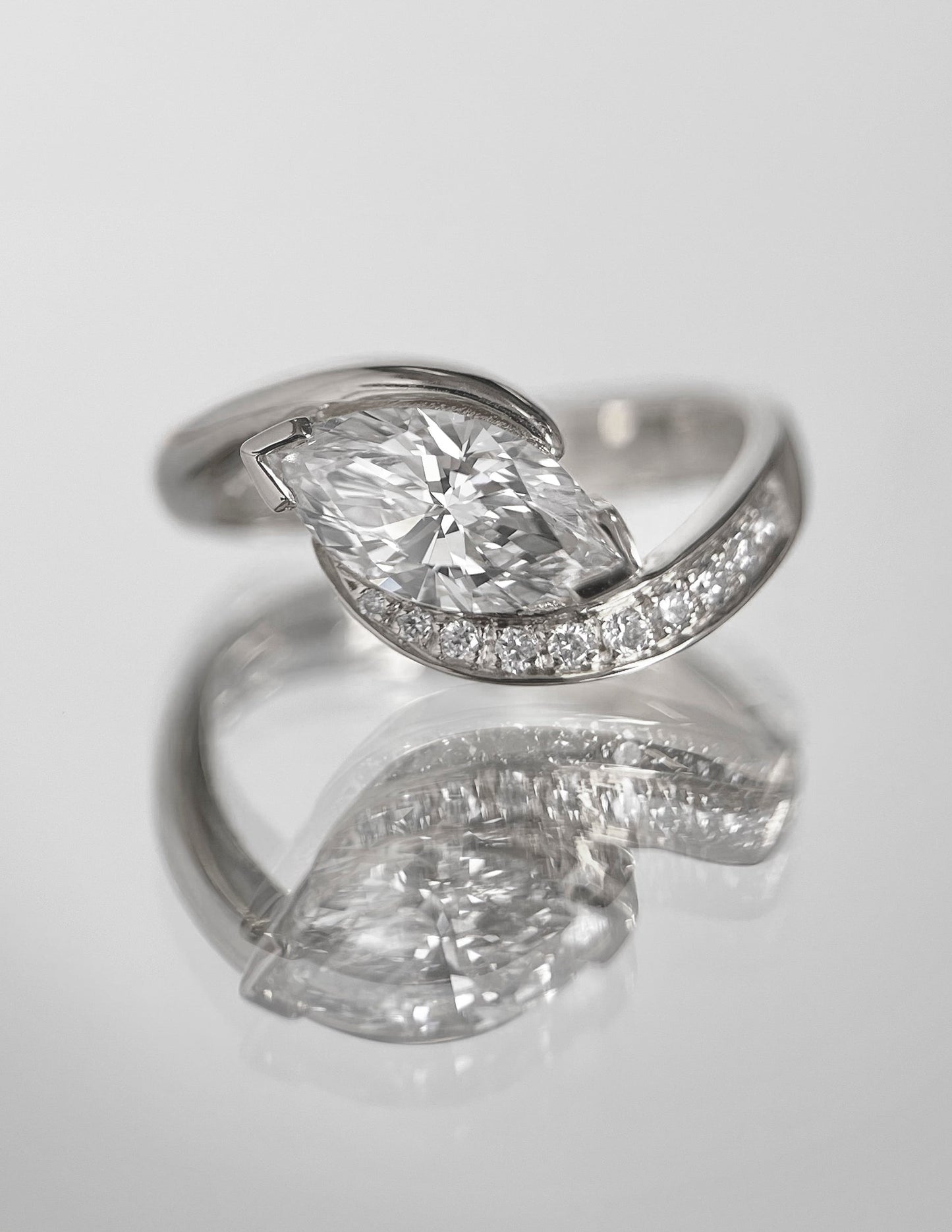 1.0 - 2.0 CT Marquise Cut Lab Grown Diamond Pavé Unique Setting Engagement Ring