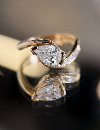 1.0 - 2.0 CT Pear Cut Lab Grown Diamond Pavé Unique Setting Engagement Ring