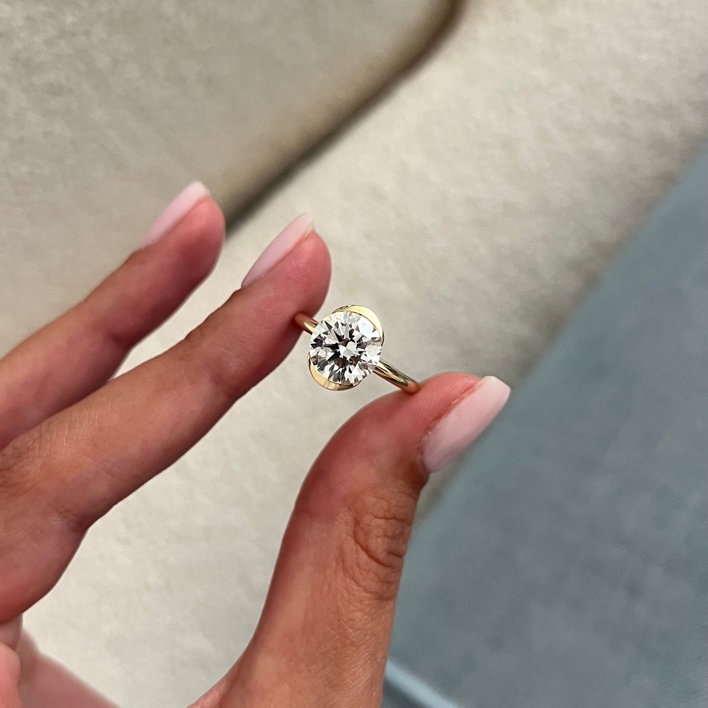 1.0-3.0 CT Round Cut Lab Grown Diamond half bezel Engagement Ring