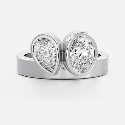 1.0 - 3.5 CT Oval & Pear Lab Grown Diamond Bezel Double Engagement Ring