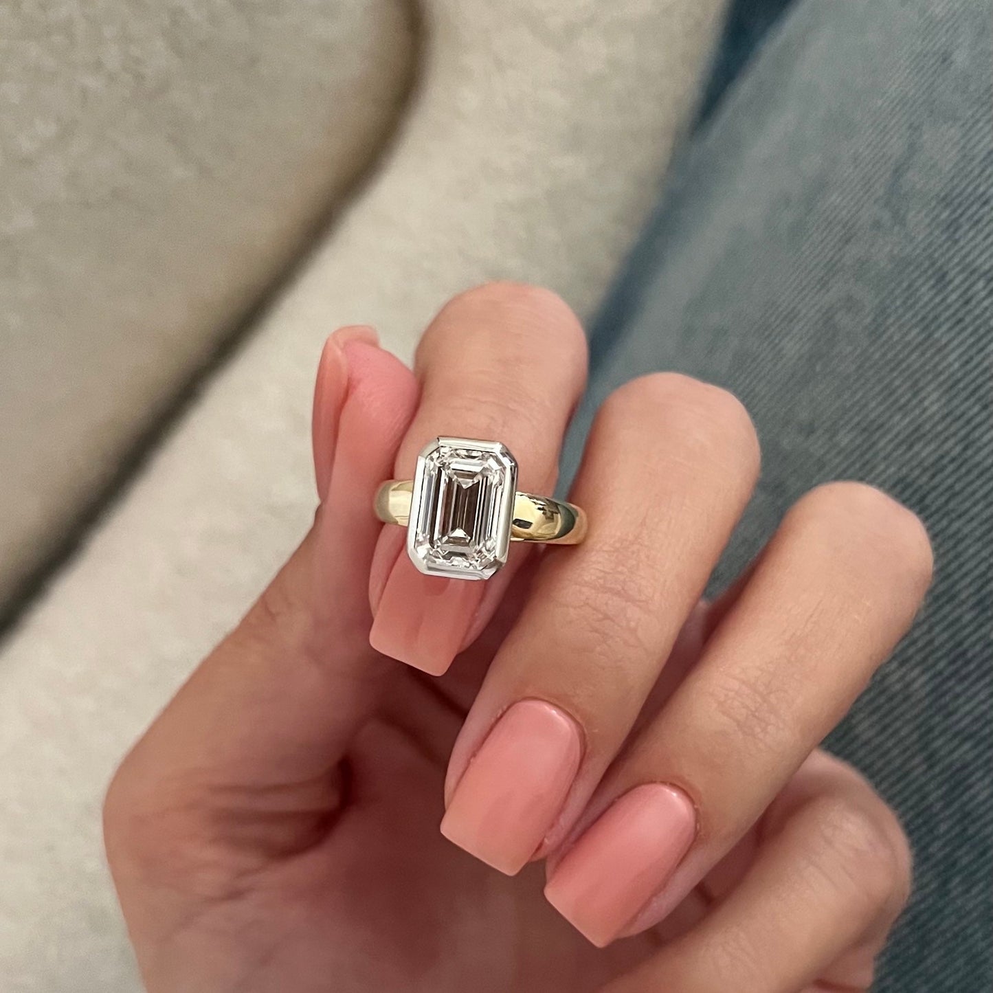 1.0-3.0 CT Emerald cut Lab Grown Diamond bezel Engagement Ring