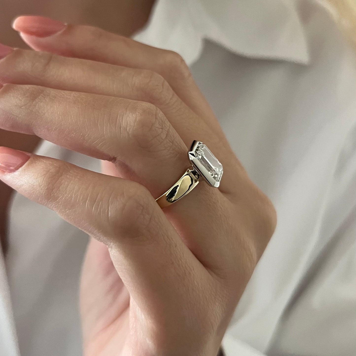 1.0-3.0 CT Emerald cut Lab Grown Diamond bezel Engagement Ring