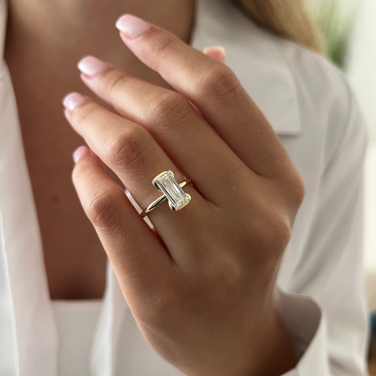 1.0-3.0 CT Emerald cut Lab Grown Diamond half bezel Engagement Ring