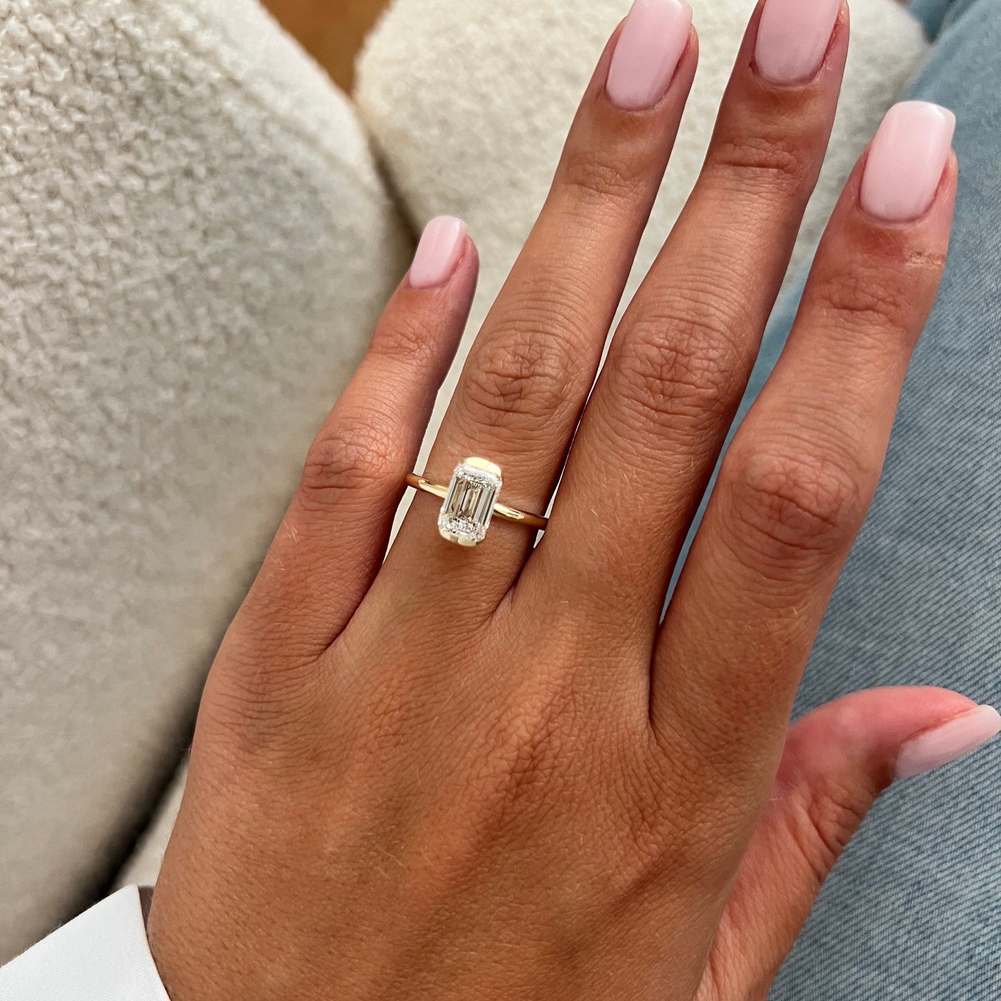 1.0-3.0 CT Emerald cut Lab Grown Diamond half bezel Engagement Ring