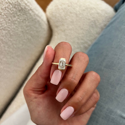 1.0-3.0 CT Emerald cut Lab Grown Diamond half bezel Engagement Ring