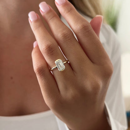1.0-3.0 CT Emerald cut Lab Grown Diamond half bezel Engagement Ring