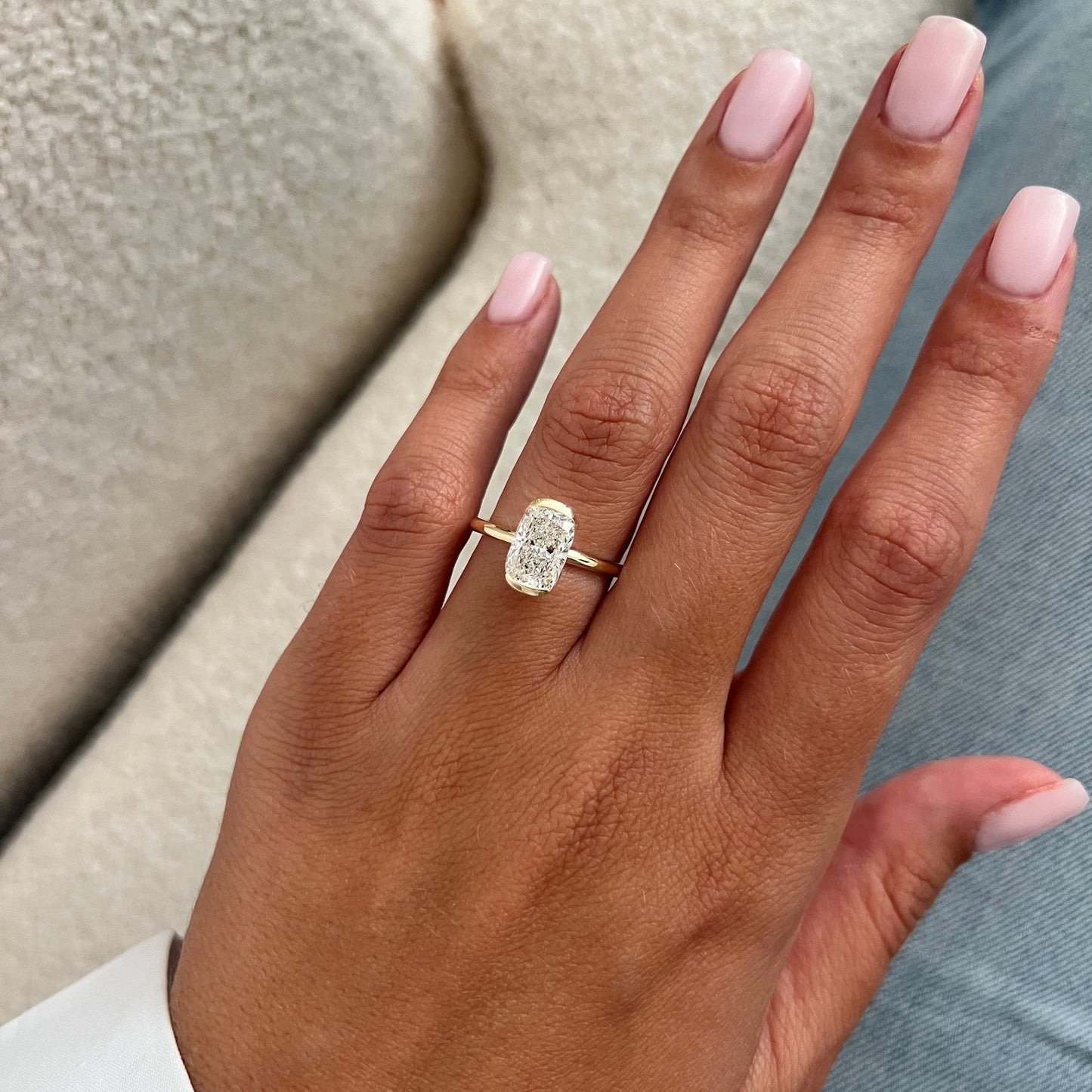1.0-3.0 CT Elongated Cushion Lab Grown Diamond half bezel Engagement Ring