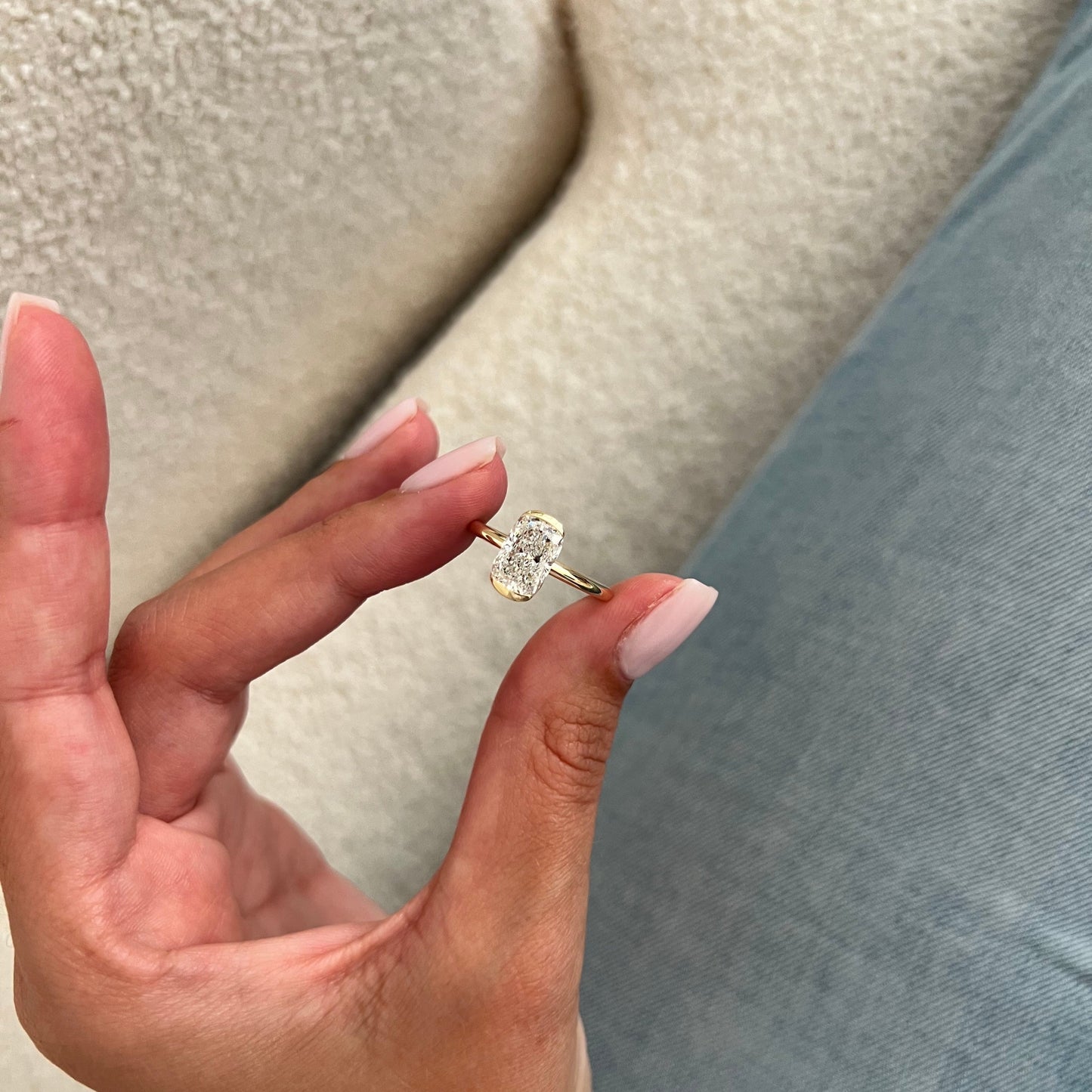 1.0-3.0 CT Elongated Cushion Lab Grown Diamond half bezel Engagement Ring