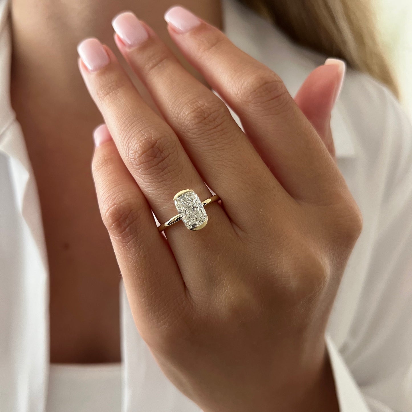 1.0-3.0 CT Elongated Cushion Lab Grown Diamond half bezel Engagement Ring