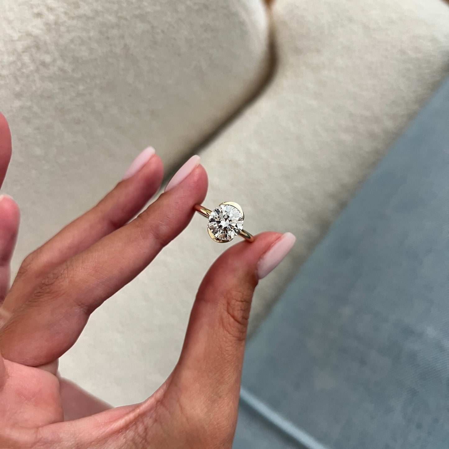 1.0-3.0 CT Round Cut Lab Grown Diamond half bezel Engagement Ring