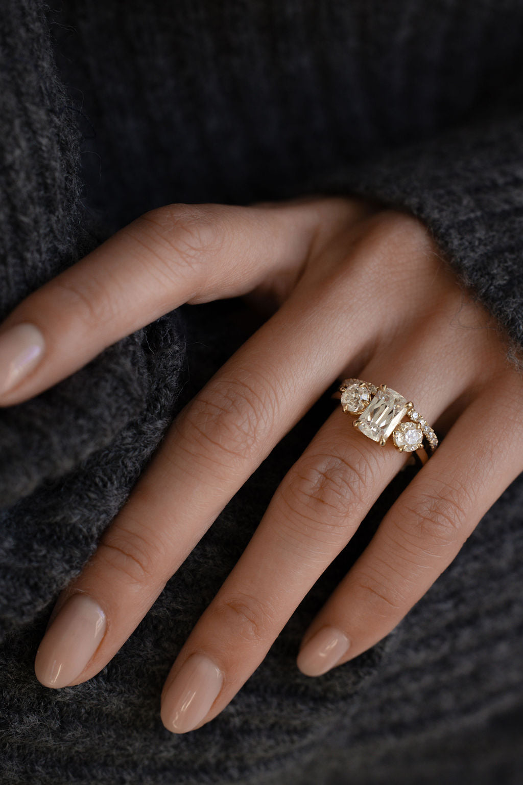 2.0 CT Old Mine Elongated Cushion Three Stone Moissanite Engagement Ring