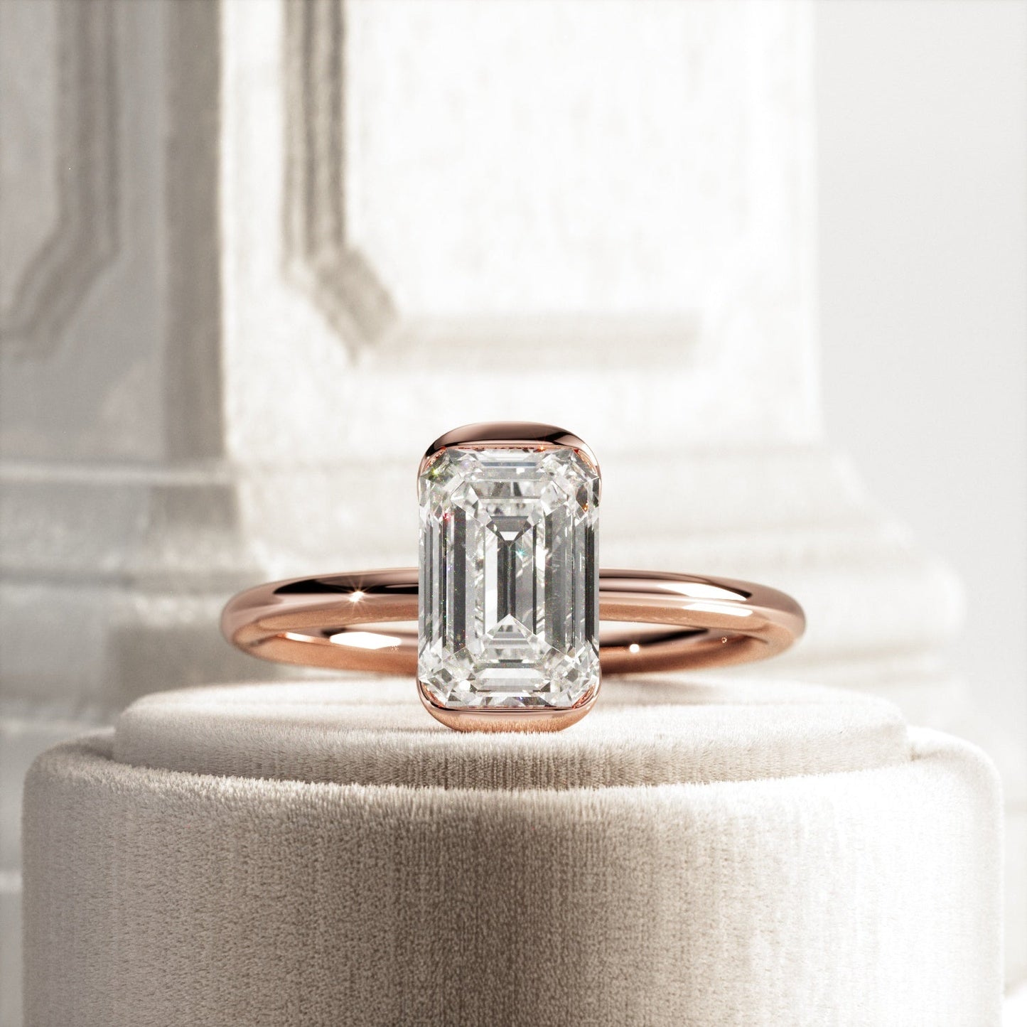 1.0-3.0 CT Emerald cut Lab Grown Diamond half bezel Engagement Ring