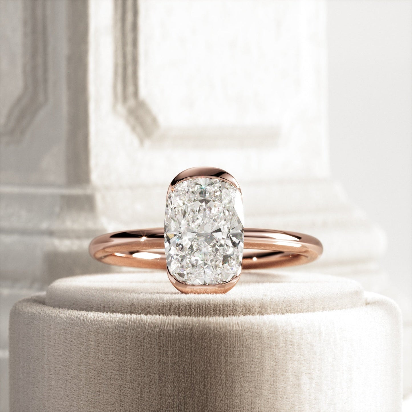 1.0-3.0 CT Elongated Cushion Lab Grown Diamond half bezel Engagement Ring