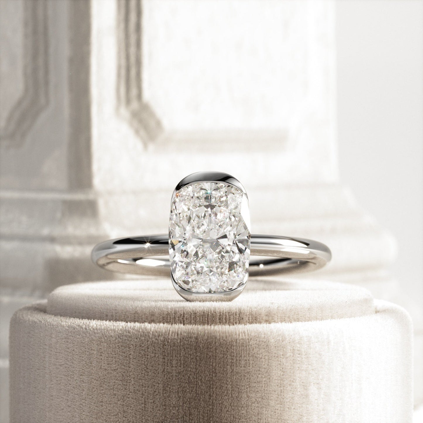 1.0-3.0 CT Elongated Cushion Lab Grown Diamond half bezel Engagement Ring