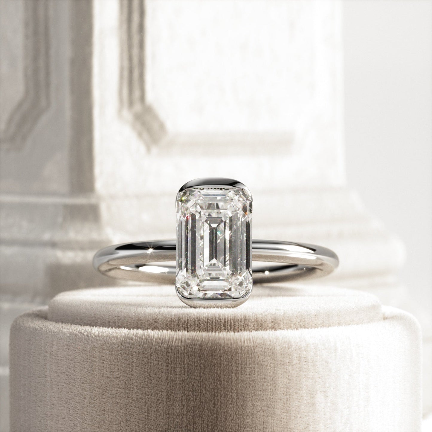 1.0-3.0 CT Emerald cut Lab Grown Diamond half bezel Engagement Ring