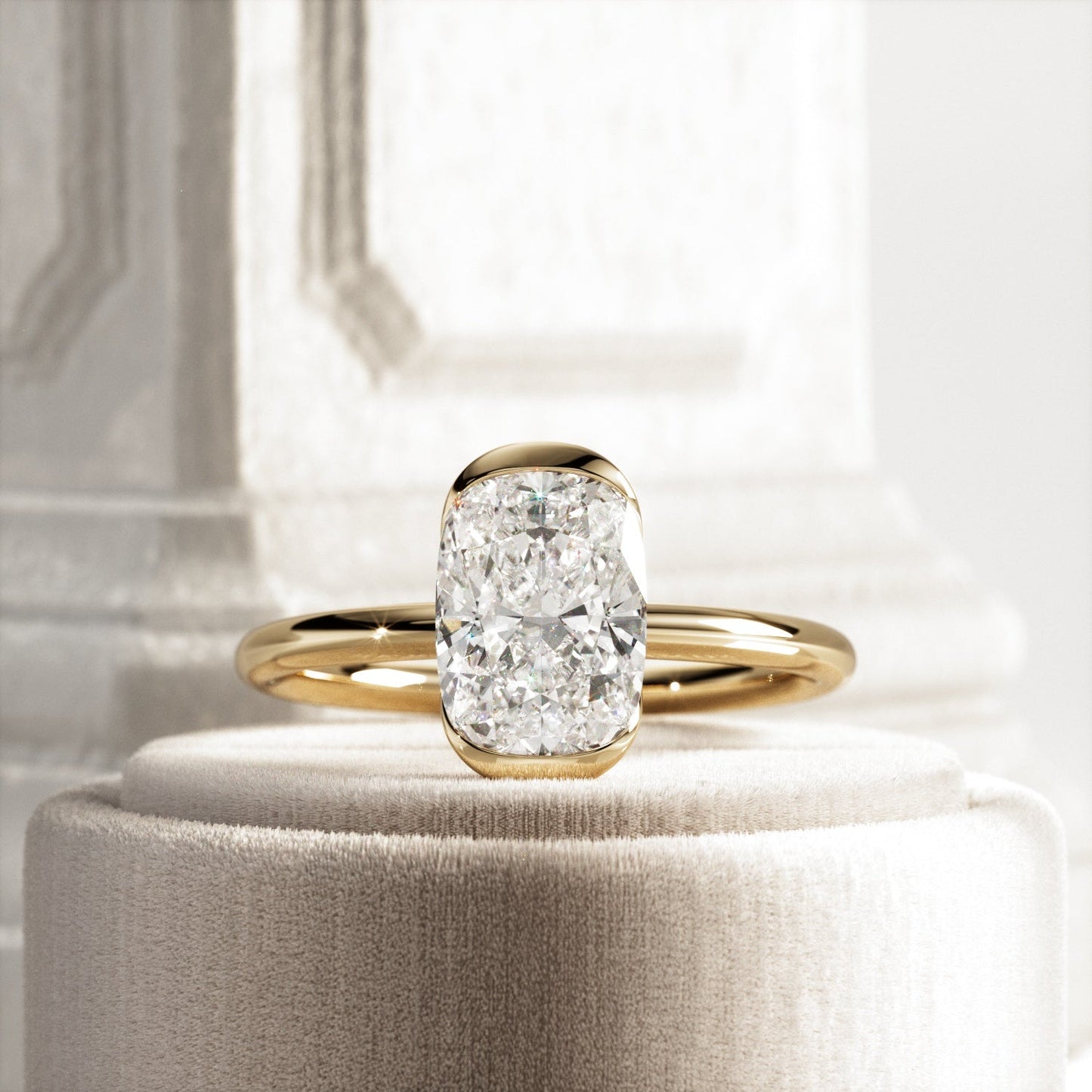 1.0-3.0 CT Elongated Cushion Lab Grown Diamond half bezel Engagement Ring