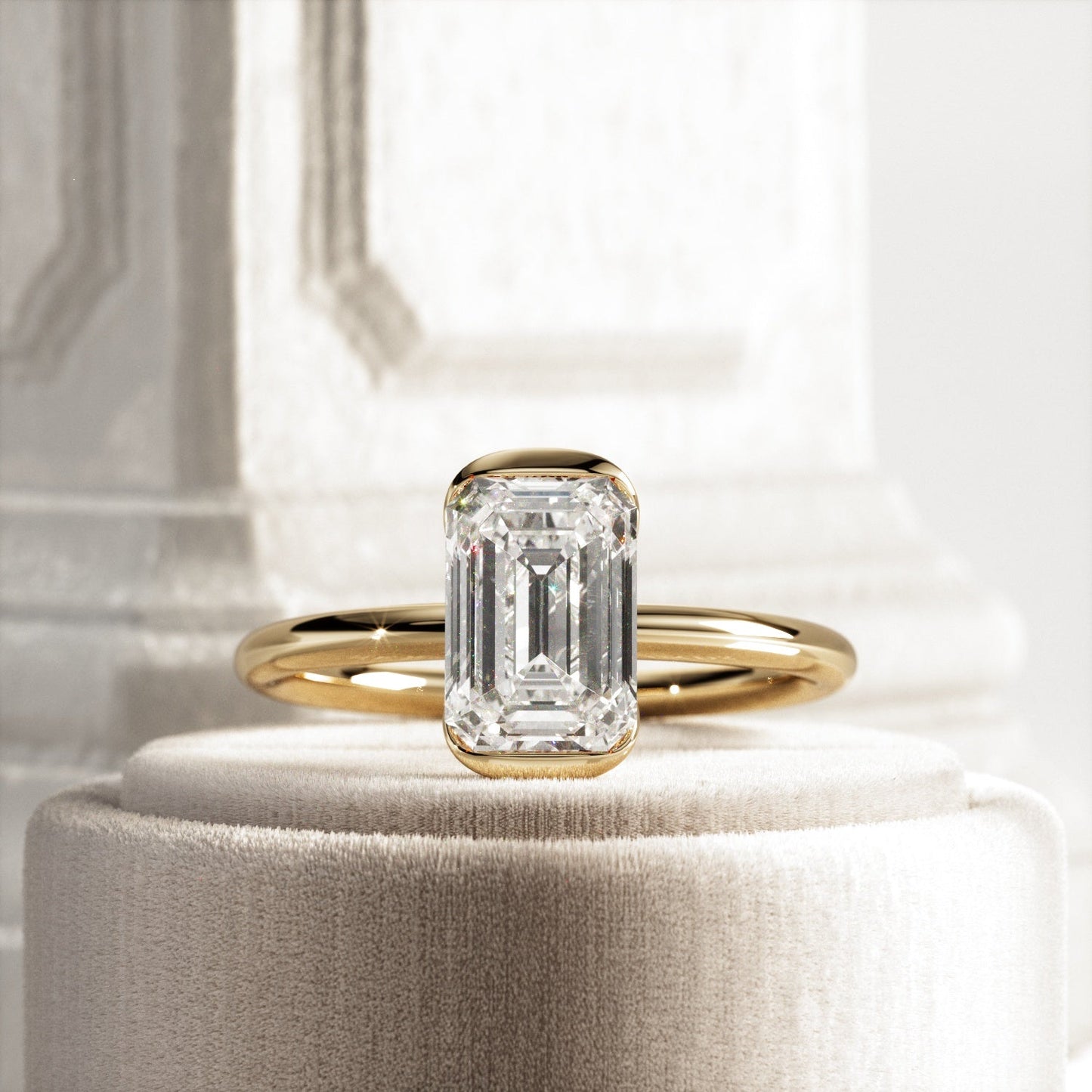 1.0-3.0 CT Emerald cut Lab Grown Diamond half bezel Engagement Ring