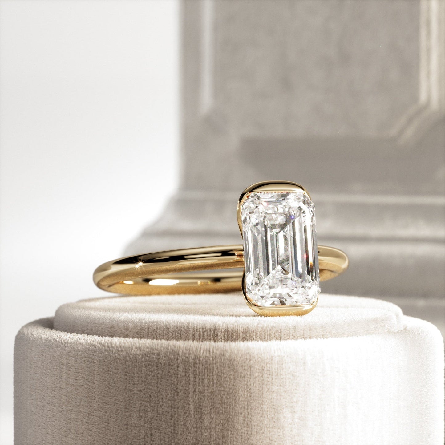 1.0-3.0 CT Emerald cut Lab Grown Diamond half bezel Engagement Ring