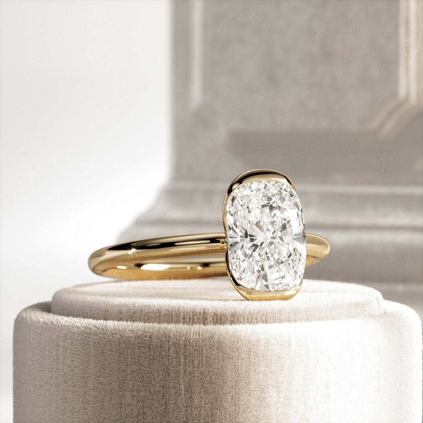 1.0-3.0 CT Elongated Cushion Lab Grown Diamond half bezel Engagement Ring