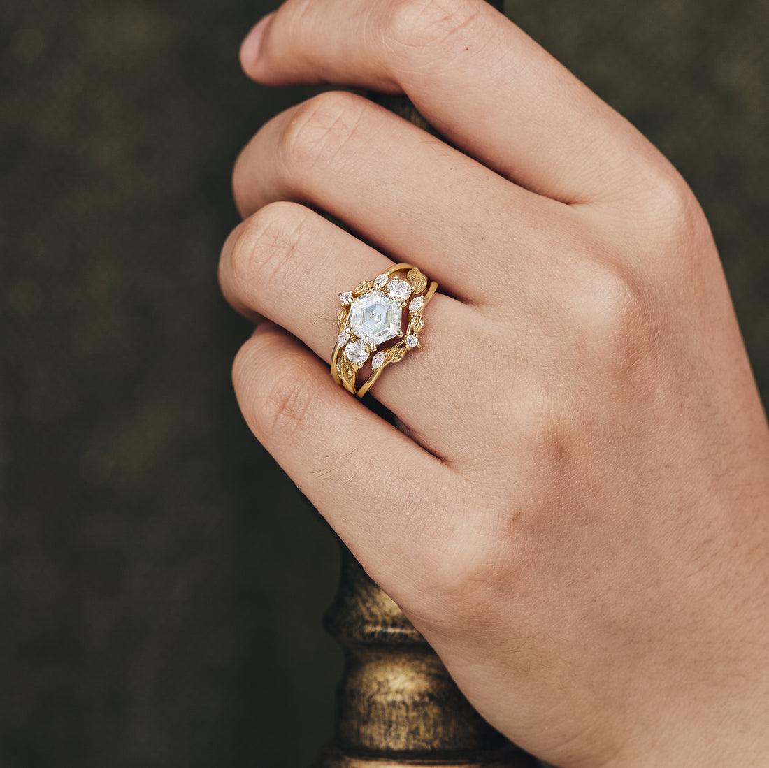 Hexagon shaped moissanite diamond bridal set with vintage setting