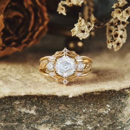 Hexagon shaped moissanite diamond bridal set with vintage setting